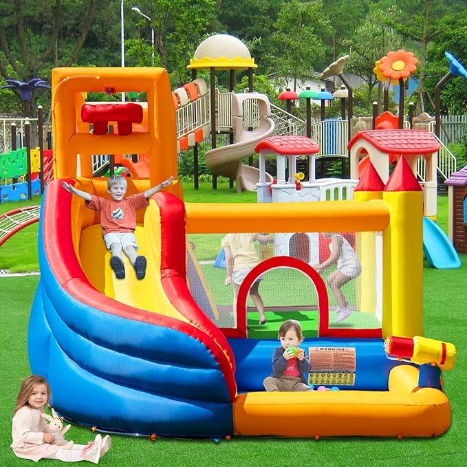 HuaKastro Inflatable Bounce House Water Slide – Backyard Water Park for Kids with Slide, Pool (Ball Pit), and Bucket Dump for Outdoor/Indoor Play, Perfect for Summer Fun (Blower Included)