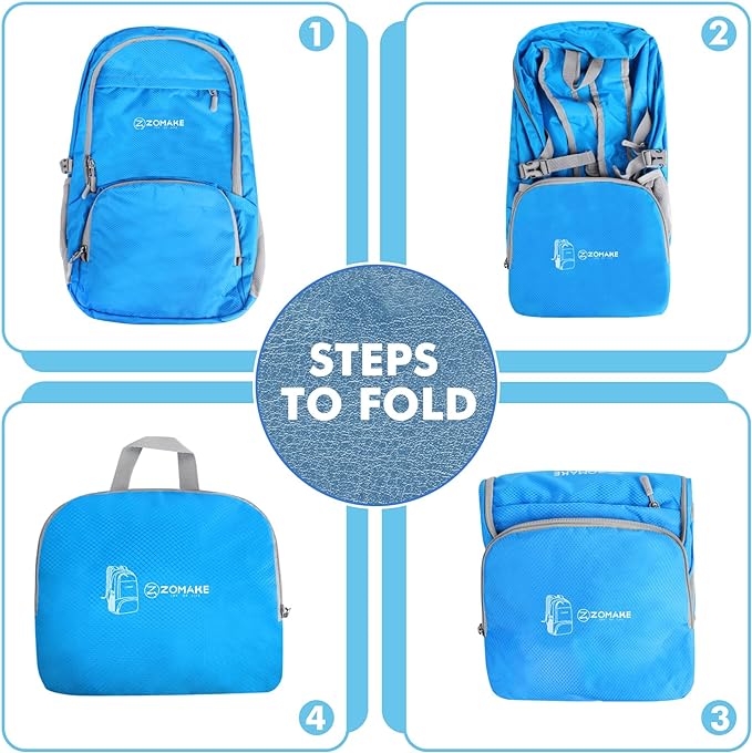 ZOMAKE Lightweight Packable Backpack 30L, Foldable Hiking Backpacks Water Resistant Compact Folding Daypack for Travel(Light Blue)