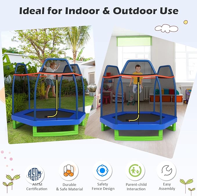 GYMAX Trampoline for Kids, 7FT Toddler Trampoline with Safety Enclosure Net & Seamless Spring Pad, Heavy Duty Small Indoor/Outdoor Trampoline for Boys, Girls Age 3+