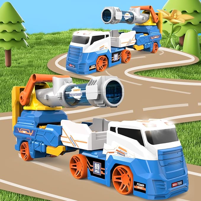 Dwi Dowellin Truck Toys for Kids, 28" Large Car Toys Include 4 Racing Cars+6 Ball, with Light & Sounds, Eejection&Shooting Transport Cars Toy, Gifts for Boys Girls 3-12 Year Old-Blue