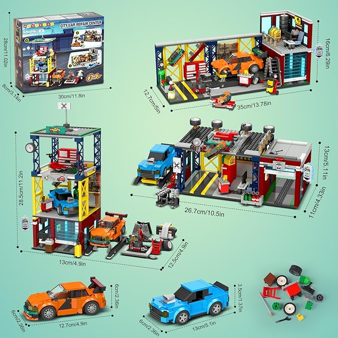 HOGOKIDS City Car Garage Building Set, 1022 PCS 3 in 1 Auto Repair Shop, Gas Station, Car Wash Building Block with 2 Custom Cars Pretend Play Mechanic Toy Birthday Gift for 10+ Kids Boys Teens Girls
