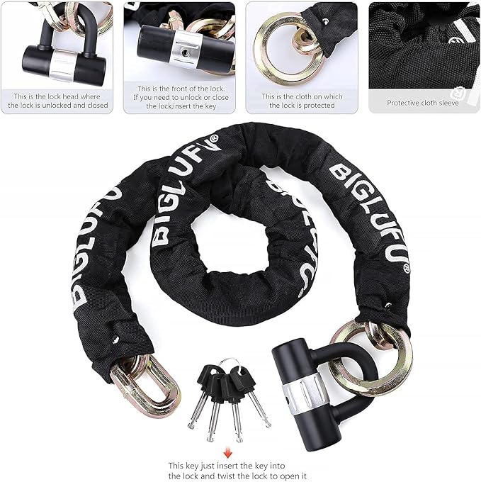 BIGLUFU Motorcycle Chain Lock 150cm/5ft Heavy Duty Bike Chain Lock Anti-Theft Durable Cut Proof 14mm Thick Security Bicycle Chain with 4Keys 16mm U Lock for Moped,Scooter,Motorcycles