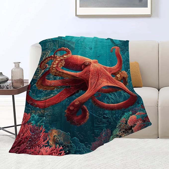 Ocean Octopus Blanket Coral Marine Life Animal Throw Blankets Gifts for Girls Boys Kids Octopus Lover Soft Cozy Fleece Plush for Couch Sofa Bed 50"x40"