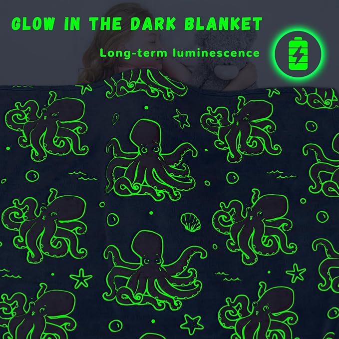 Octopus Twin Blanket for Couch & Bed - Glow in The Dark Ocean Blanket Soft Octopus Gifts for Kids, Blue Sea Animal Fleece Throw for Home Decor Christmas Birthday Present 60"x80"