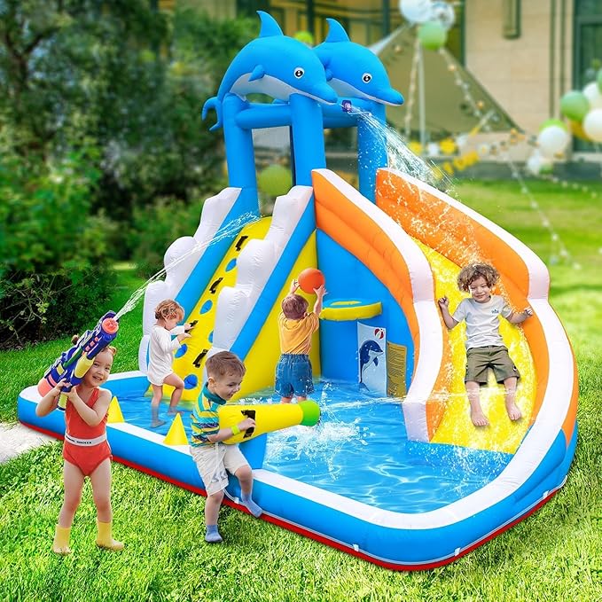 TOAOB Inflatable Water Slide,5 in 1 Dolphin Inflatable Bounce House for Kids- Climbing Wall Splash Pool Water Cannon Basketball Rim - 480W Blower - for Indoor Outdoor Backyard Birthday Party