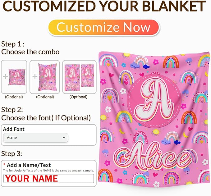 Kids Girls Blankets Gift, Personalized Blanket with Initial Monogram Name for Kids Toddlers Girls Age 6-8, Rainbow Print Soft Cozy Flannel Throw for Sofa Bed Couch Decor