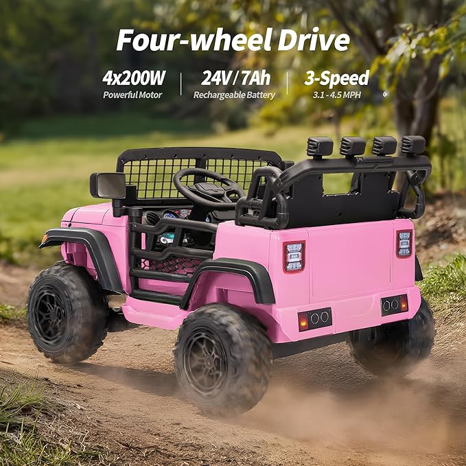 2 Seater Ride on Car Toy, 24V 4WD Electric Car for Kids 4-8 with Remote Control, 4x200W Motors, Capacity 110 lb - Light Pink