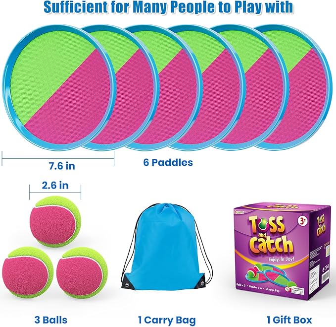 Aywewii Fun Toss and Catch Ball Set Kids Games, Beach Outdoor Backyard Lawn Toys for Kids with 6 Paddles and 3 Balls, Birthday Gift for Age 3-12 Old Boys Girls Kids Adults Family