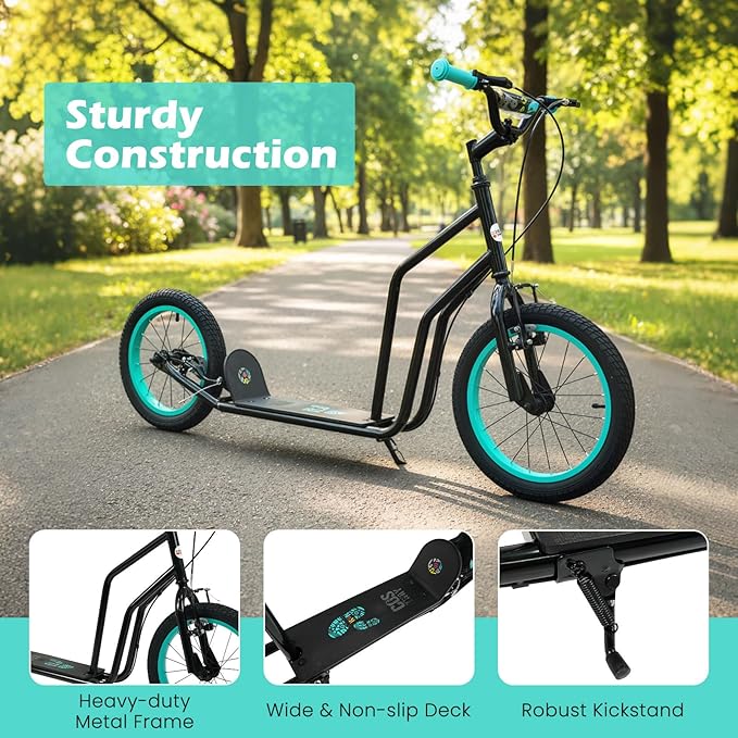 GYMAX Youth Scooter, Height Adjustable Kick Scooters with Extra Large Inflatable 16” Front & 14” Rear Wheels, Dual Hand Brakes & Kickstand, Heavy Duty Scooter for Teens Adults