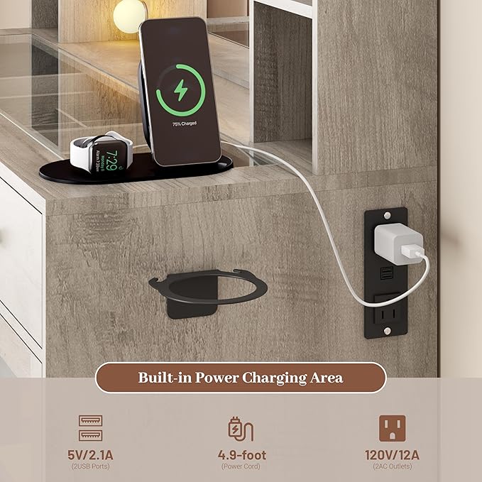 Makeup Vanity with Mirror and Lights, 43'' Wide Dressing Table with Storage Drawers, Open Shelves & Power Outlet, Vanity Desk with RGB Cabinet & Glass Top for Girls Bedroom, Living Room, Grey