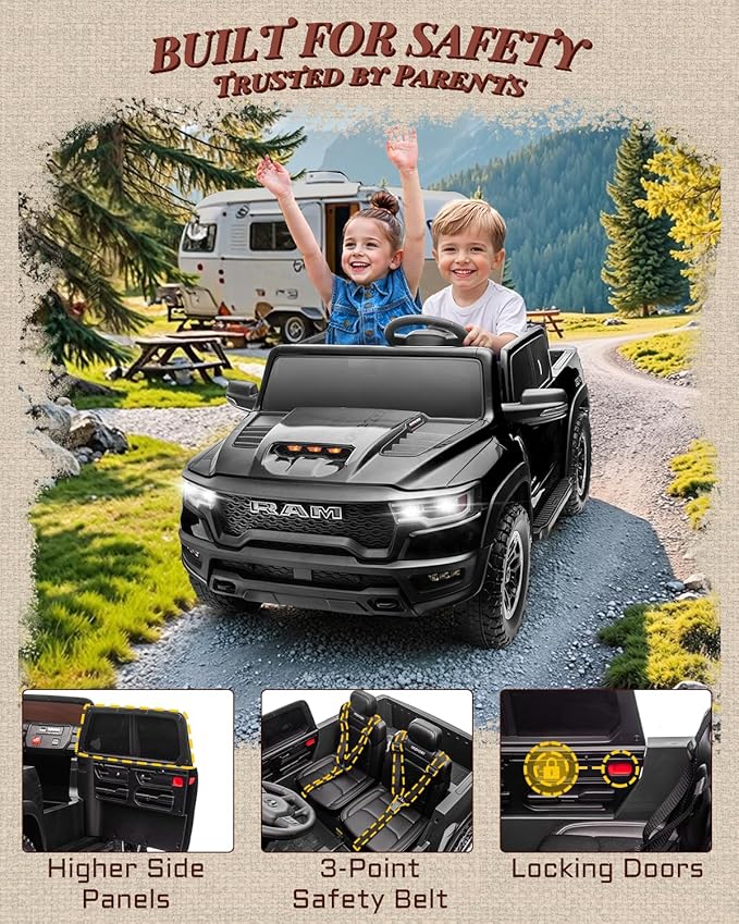 24V Ride on Toys for Big Kids, Licensed RAM 1500 RHO Electric Car for Kids w/Remote Control, Ride on Truck w/Bluetooth, LED Lights, Truck Bed Storage, Gear Shifter & Soft Start (Black)
