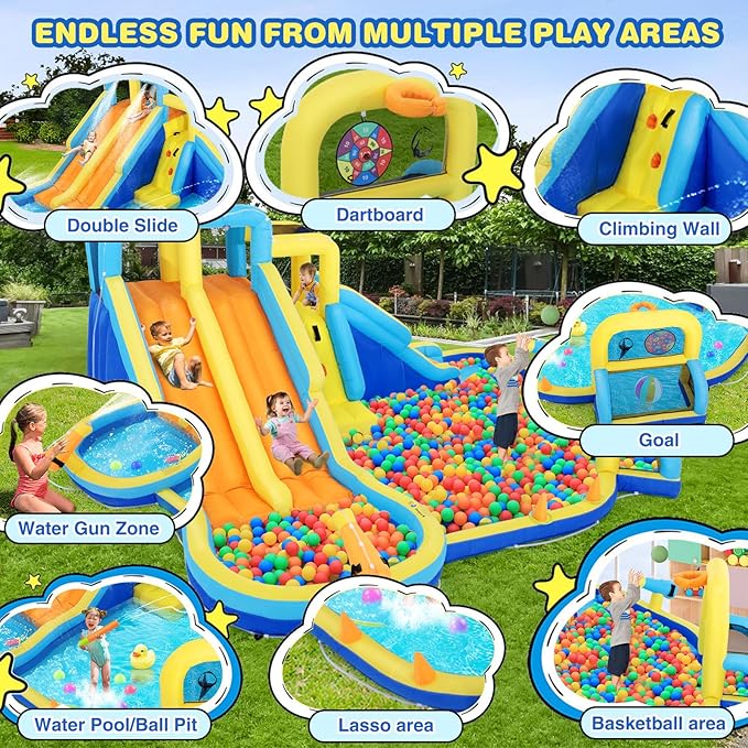 JOYLDIAS Inflatable Water Slide,Water Park Bounce House,Three Slide Bouncer Castle Playhouse w/Splash Pool, Climbing Wall, Felt Ball Target, Ring Toss Game, Goal for Kids Outdoor Fun, 680W Air Blower