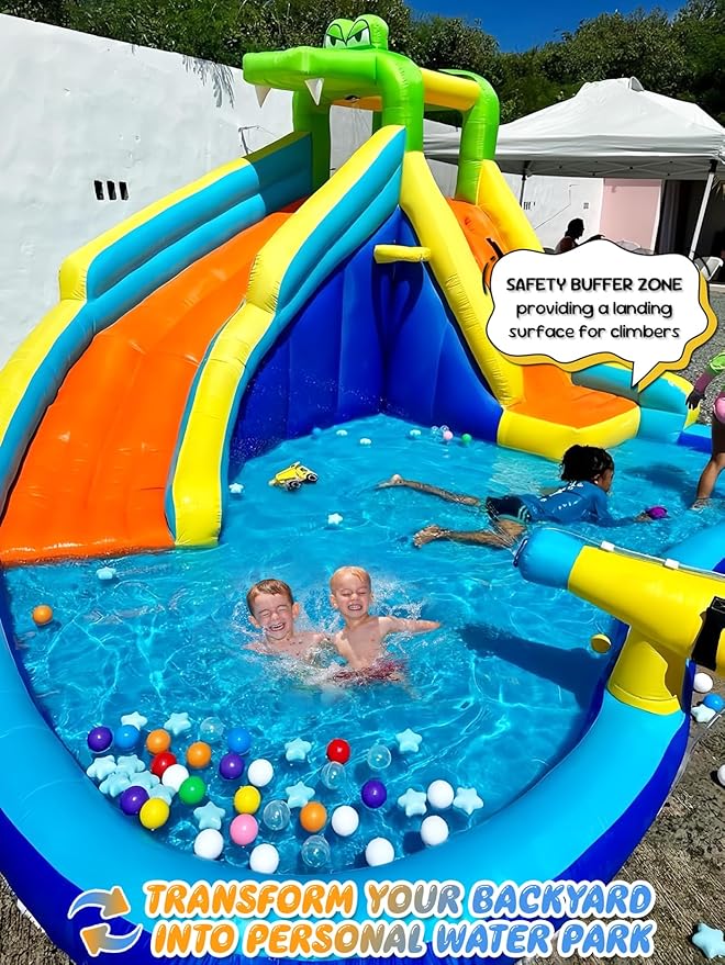 ROOJER Inflatable Water Slide Park for Kids Backyard 8-in-1 Blow Up Crocodile Spray Slide with 450W Blower, Splash Pool, Climbing Wall, Water Cannon, Basketball Hoop for Summer Outdoor Play Party Gift