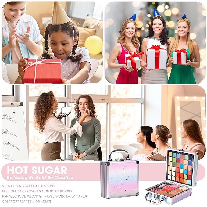 Hot Sugar Girls Makeup Kit Age 4-6 7-8 10-12, Little Girl Makeup Set, Makeup Kit for Teenagers 13-15 Includes Eyeshadow Lip Gloss Blush Highlighter Bronzer Brush (Rainbow)