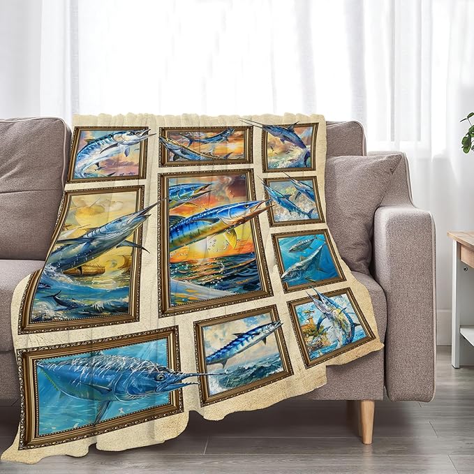 Fishing Blanket Fish Throw Blanket Cozy Plush Fleece Flannel Fishing Lover Gifts Blankets for Girls Boys Women Men 50"X40"