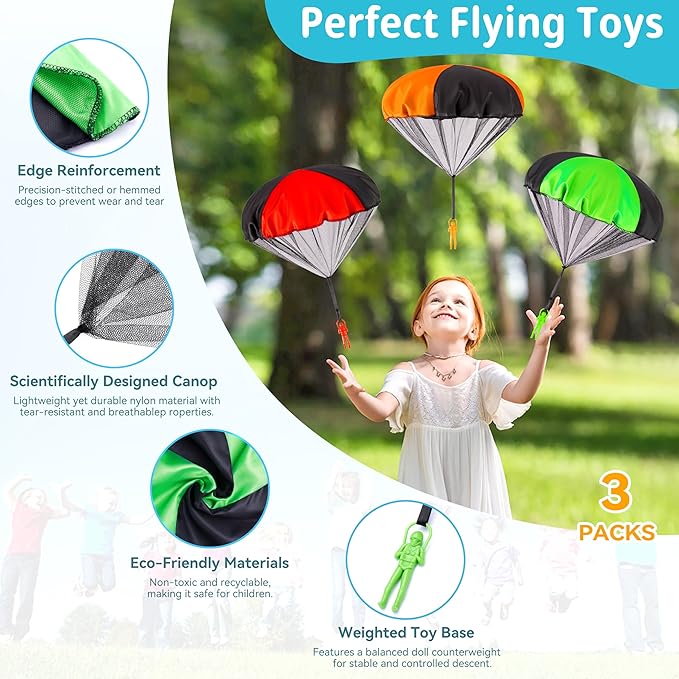 Parachute Toys for Kids, Flying Outdoor Toys for 3 4 5 6 7 8 9 10 11 12 Year Old, Halloween Birthday Christmas Stocking Stuffer, Coolest Gifts for Toddler Children Teen Boy Girl Men, Larger 3 Pcs