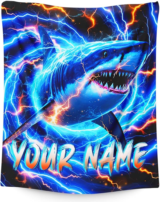 Personalized Blanket for Boys Men, Shark Throw Blankets Gift for Kids Adults Son Birthday 60x80 Inches Soft Cozy Custom Throw for Sofa Couch Bed Trip Office Car Cool Shark Decor Stuff
