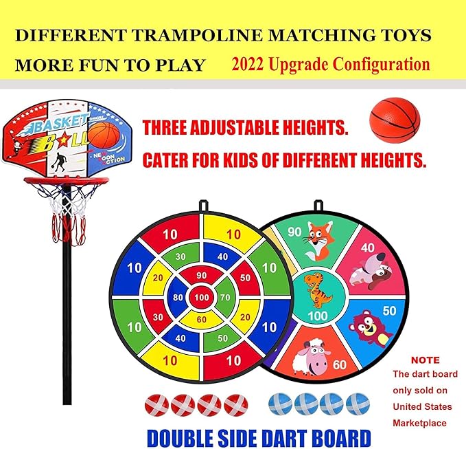 LANGXUN 60" Trampoline for Kids, 5ft Toddler Mini 6-in-1 Trampoline Indoor Outdoor with Swing, Basketball Hoop, Dart Board, Rings, Christmas Toys Birthday Gifts for Girls Boys