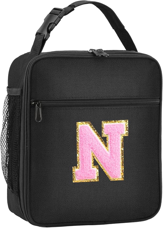 Initial Insulated Lunch Bag, Lunch Box with Initial Letter Patch for Teen Adult, Reusable Lunch Bag for Men Women, Ideal Back to School Gift Birthday Gift, Pink N