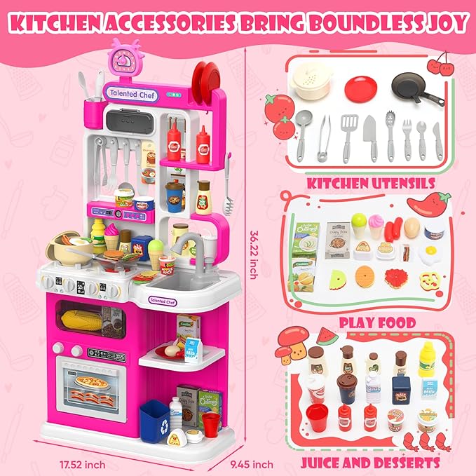 Kids Kitchen Playset, 36.22'' Play Kitchen for Toddlers 1-3 with Steam, Sound & Light, Cooking Stove, Play Sink, Oven and Toy Kitchen Accessories, Kitchen Set for Toddlers Girls 3 4 5 (Pink)