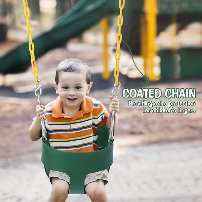 RedSwing Trapeze Swings Bar with Rings, Belt Swing Seat and Bucket Swings Combo Pack (Triangle and Chain Dip) for Kids Outdoor with 57-86" Rope,High Back Toddler Bucket Seat, Green