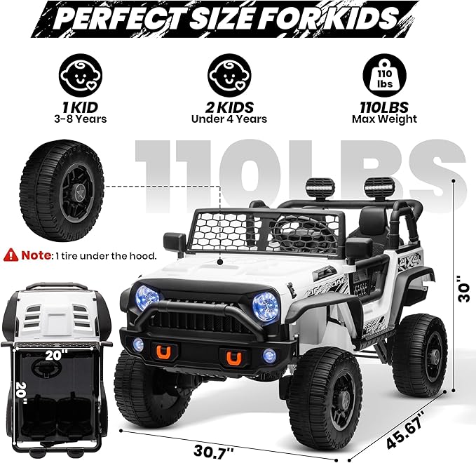 JOYRACER 24V 2 Seater Ride On Toys for Big Kids, 800W Power Truck Wheels with Remote Control, 4WD/2WD Switchable, 20" Spacious Seat, Soft Start, Bluetooth, Electric Car for Kids Ages 3-8, White