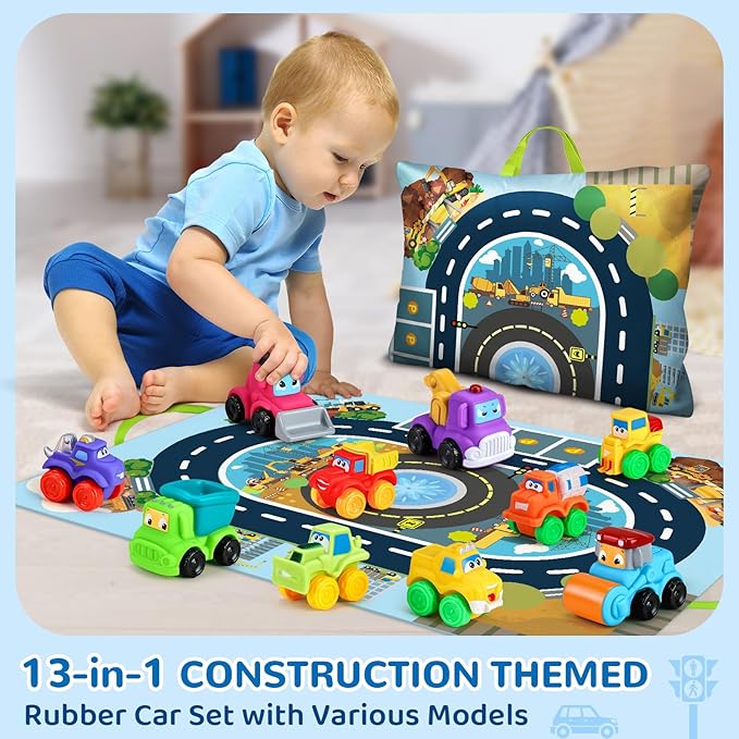 Soft Rubber Cars Toy for 1+ Year Old Boy with Playmat (Storage Bag)|12 PCS Construction Cars Baby Toys for Toddler Toys Age 18 Months |First Birthday Gift for 2 3 Year Old Boy