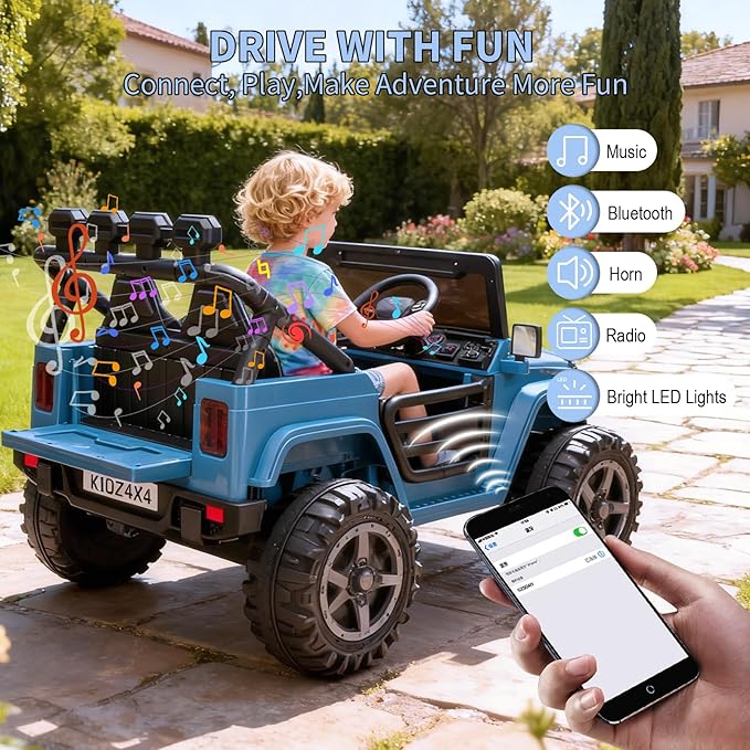 24V Ride on Toys for Kids, 2 Seater Electric Ride on Car w/Remote Control, 4 Powerful Motors, 4WD/2WD, 3 Speeds, Led Lights, Bluetooth, Ride on Truck for Kids Toddler, Lake Blue