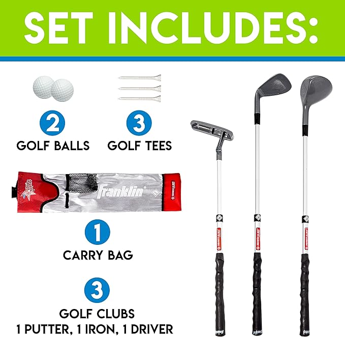 Franklin Sports Kids Golf Set - Youth Adjustable Plastic Golf Club Set - Kids Plastic Golf Set with Bag and Balls - Adjustable Length Clubs for Toddlers, Junior, Right hand, Red