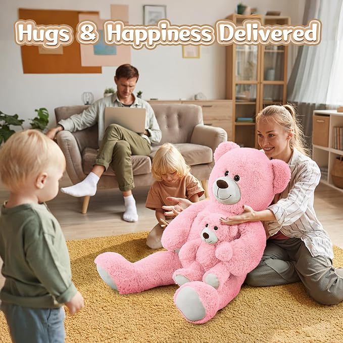 MorisMos Mom and Baby Giant Teddy Bear, 39inch Soft Big Teddy Bears Stuffed Animal Plush for Baby Shower, Pink