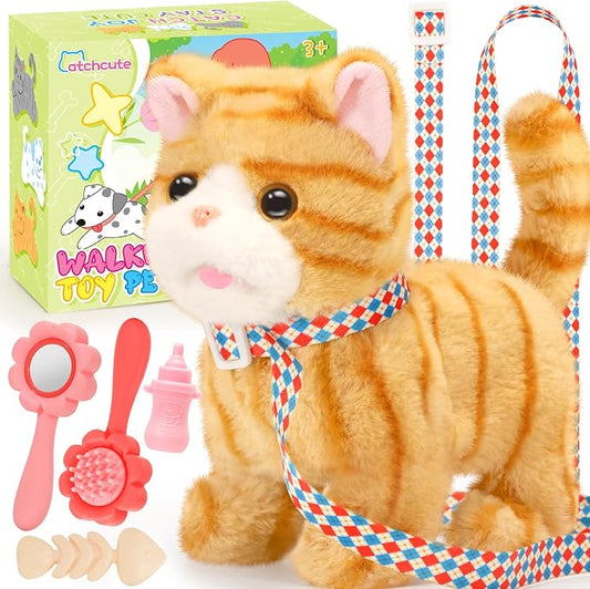 Plush Toys Cat for Kids with Leash, Interactive Electronic Kitty That Walking,Meowing, and Tail Wagging, Stuffed Cat Christmas Birthday Gift for Boys and Girls