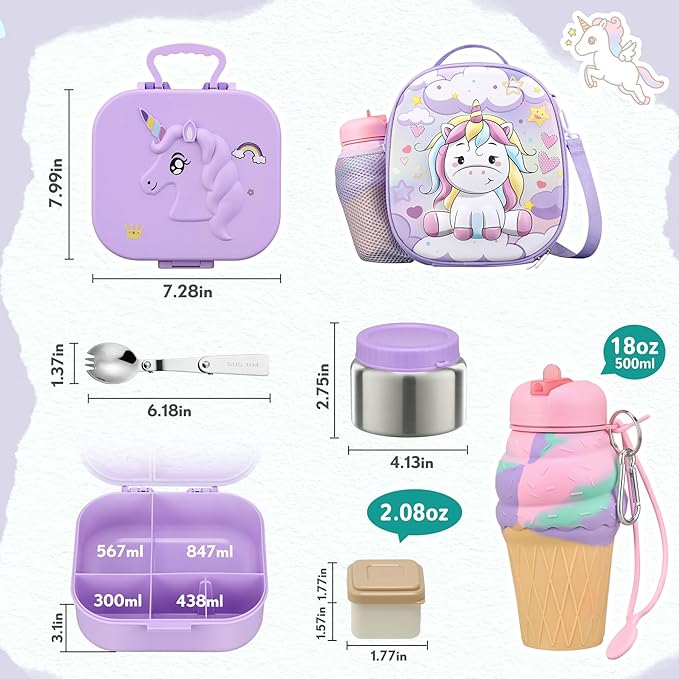 Kids Lunch Box Set -12oz Insulated Food Jar, Thermal Bag,Leakproof Lunch Food Containers Cutlery (BPA Free)-Gift for Girls/Boys Age 3-10(Purple)