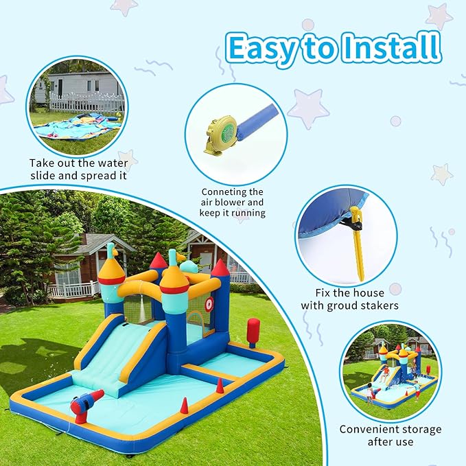 TABU Bounce House with Slide, Inflatable Castle with Splash Pool Water Cannons, Outdoor/Indoor Bouncy House with Air Blower, Ball Pit, for Kids Aged 3-12(177.2x124x88.6in)
