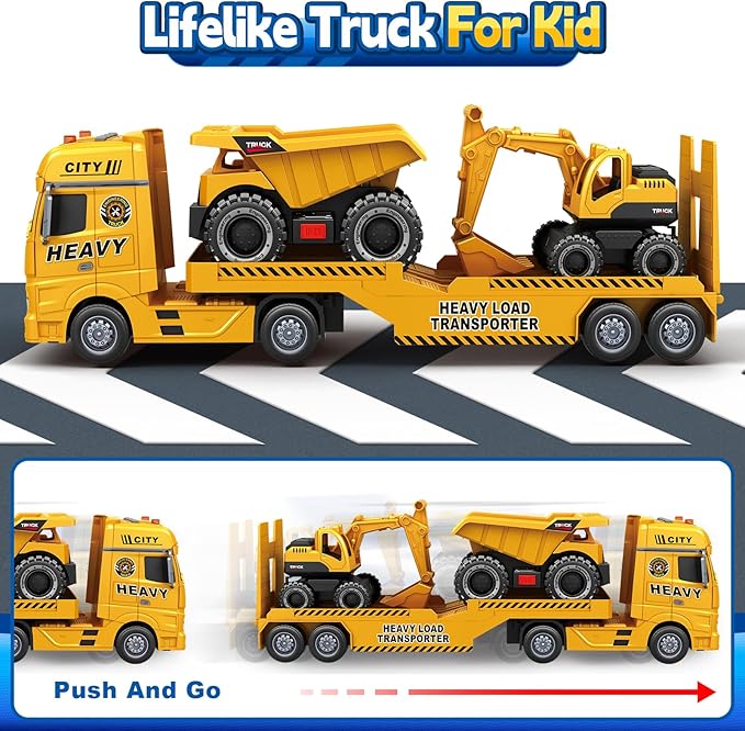 SpringFlower 3 4 5 6 Toddler Boy Toys, 25" Construction Carrier Toy with Excavator and Dump Truck,3 in 1 Truck, Christmas Birthday Gifts for Kids 3 4 5 6 Years Old