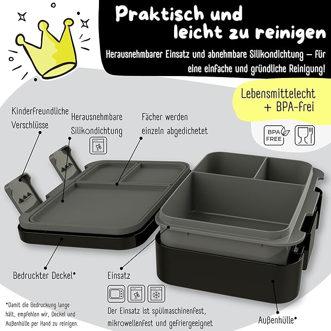 BEARFOOT Kids Lunch Box with Compartments – Compact & Lightweight | Leak-Proof, BPA-Free, Dishwasher & Microwave Safe | Hand-Drawn Design for Preschool, School, Travel (Game Black, 2.75 Cups)