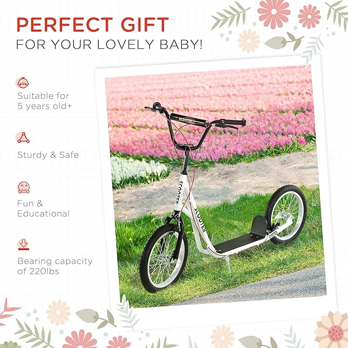 Aosom Youth Scooter Kick Scooter for Kids 5+, Max Load 220 LBS., with Adjustable Handlebar, 16" Inflatable Wheels, Dual Brakes