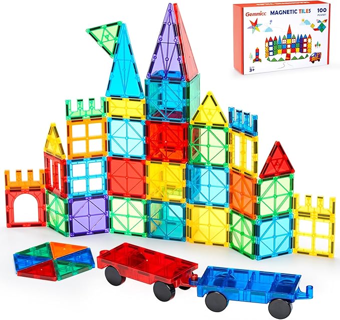 Gemmicc 100 PCS Magnetic Tiles with 2 Cars, STEM Approved Educational Magnet BuildingToys, Magnet Puzzles Stacking Blocks for Boys Girls