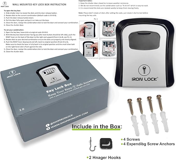 Iron Lock® Wall Mount Key Lock Box for Keys 4 Digit Combination with Resettable Code with A B Switch Indoor Outdoor Waterproof House Key lockbox for Spare House Keys 5 Capacity (Medium, Grey)