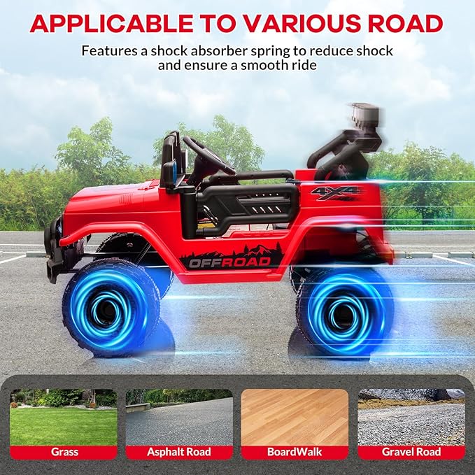 12V Kids Ride-On Truck with Parent Remote Control, Electric Toy Car with Spring Suspension, 3 Speed Modes & LED Lights, Battery Powered Vehicle for Boys Girls Ages 3-8, Red