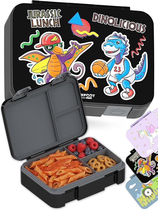 BEARFOOT Kids Lunch Box with Compartments – Compact & Lightweight | Leak-Proof, BPA-Free, Dishwasher & Microwave Safe | Hand-Drawn Design for Preschool, School, Travel (Dinos Black, 4 Cups)