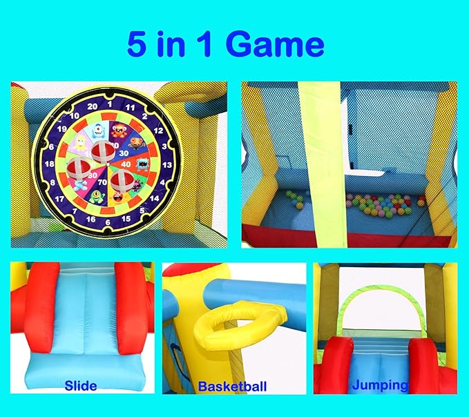 Inflatable Bounce House with Blower, Jumping Castle Slide, Kids Bouncer with Ball Pit, Basketball Rim, Dart Target Game