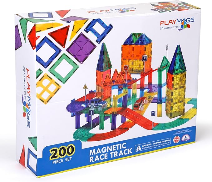 Playmags Magnetic Tiles Race Track Set - 200 Piece STEM Engineering Building Blocks with 2 LED Race Cars, Educational Magnet Toy for Kids