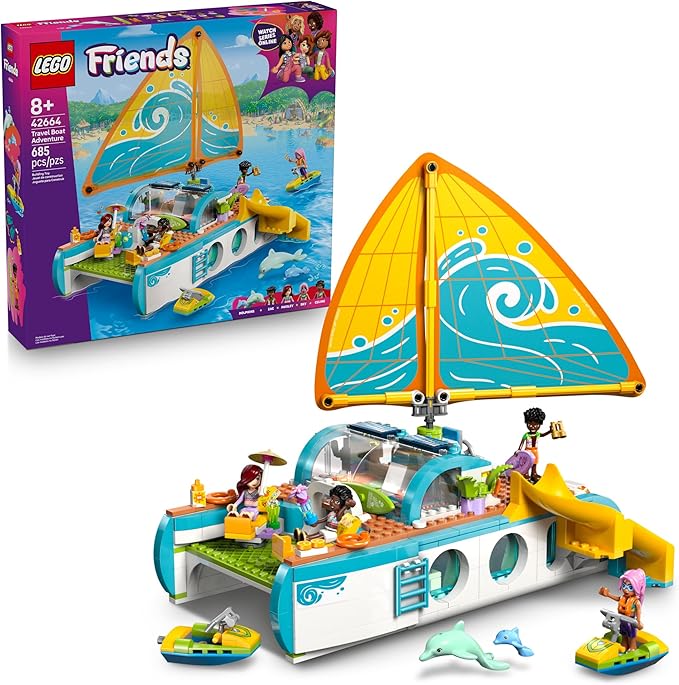 LEGO Friends Travel Boat Adventure Pretend Play Building Toy - Toy Boat Playset with Playful Dolphin Figurines and 4 Minidolls - Birthday Gift Idea for Girls and Boys, Ages 8 and Up - 42664