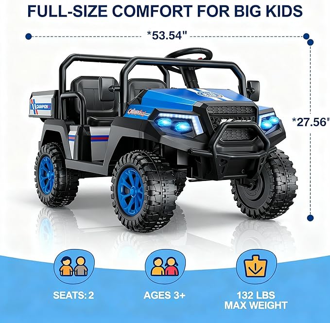 R8 Apex 2-Seater 24V Ride on Truck for Big Kids, 4WD Ride on Car w/Remote Control, Electric UTV Car, Pickup Trunk Bed, Extra Shovel, Battery Indication, 2 Speeds, Music, Wireless, LED Lights