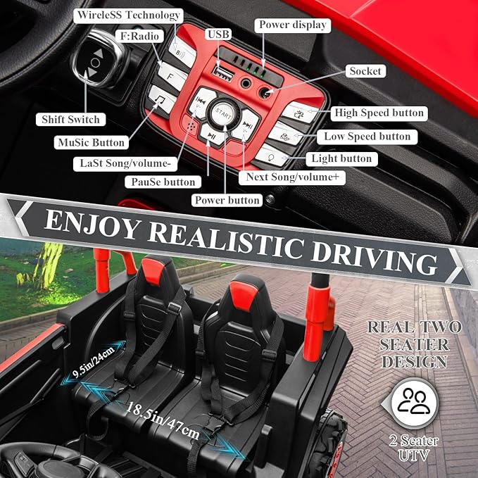 OTTARO 2 Seater Ride on Car Truck,24V Electric Vehicle Car for Kids 3-8 Years,200W Motors,4 Shock Absorbers, Music Play,Bright Light, Remote Control(Red)