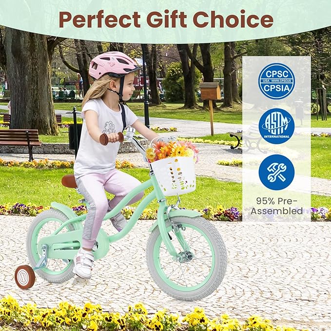 COSTWAY Kids Bike, 12 14 16 18 Inch Toddler Bike Children Bicycle w/Training Wheels, Hand & Coaster Brakes, Adjustable Saddle & Handlebar, Basket, Bell, Kids Bicycle for Girls Boys Aged 3-8 Years Old