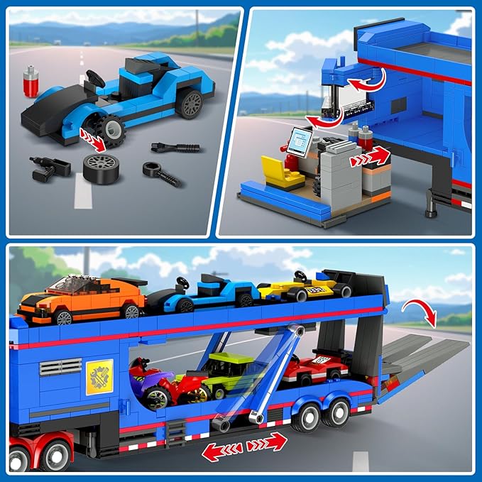 City Transporter Truck Building Set with 7 Sports Cars - Adjustable Loading Ramp Tow Semi Truck with Carrier & Trailer Building Toy Pretend Play Birthday Gifts for Kids Boys Girls Aged 8-14