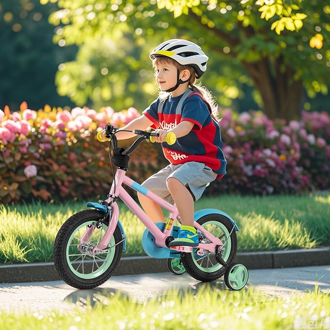 BABY JOY Colorful Macarons Kids Bike, 12 14 16 18 Inch Sporty Children's Bicycle with Training Wheels, Adjustable Handlebar & Saddle, Handbrake & Coaster Brake, Boys Girls Bike for 3-8 Years Old