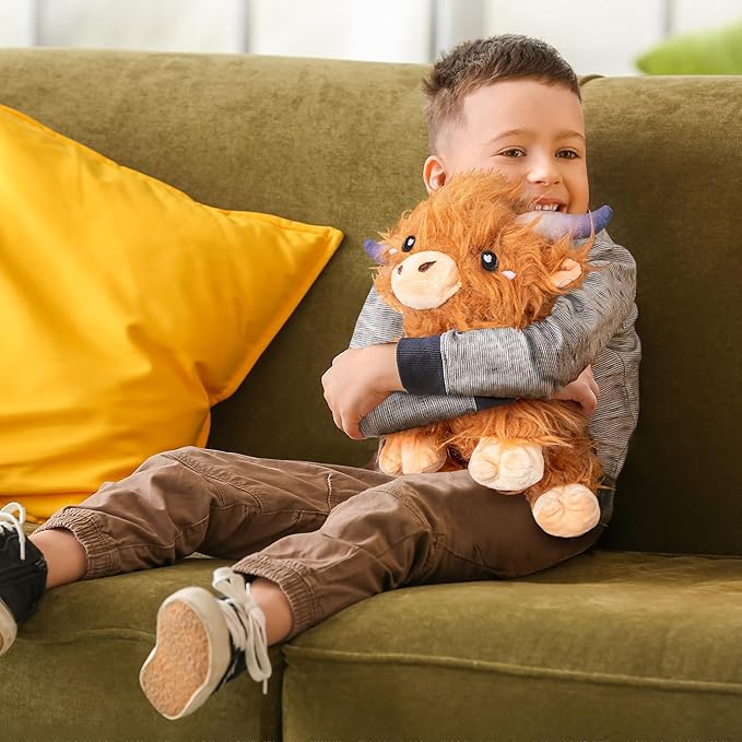 Happy Fuel Highland Cow Microwavable 1.5lbs Unscented Heating Pad for Women & Kids- Cute Soft Cozy Pillow Plush Heatable Warm Stuffed Animals- Kawaii Hot & Cold Plushie Toy- Cow Gifts for Girls & Boys