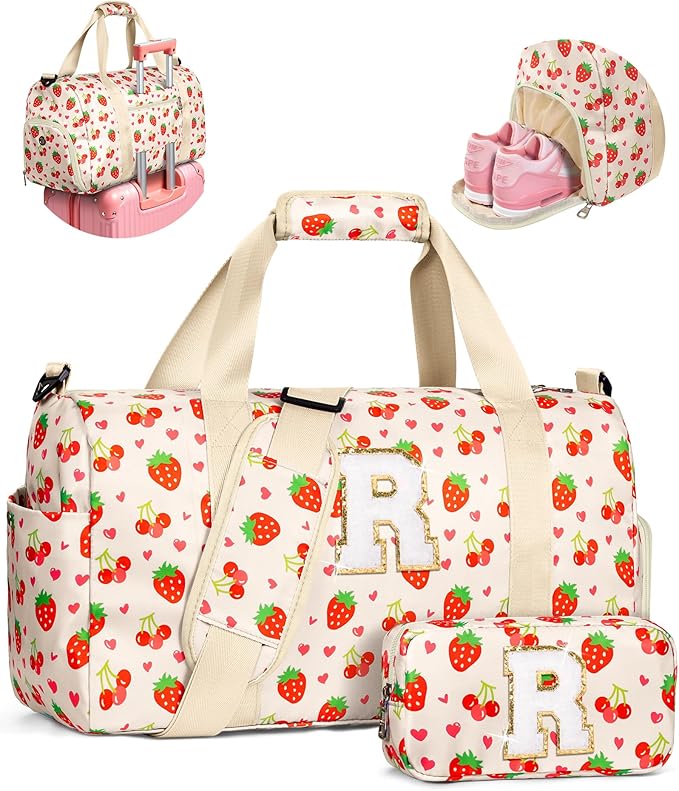 Dance Recital Gifts for Girls, Preppy Dance Bag with Makeup Pouch, Initial Duffle Bag for Kids, 3 4 5 6 7 8 9 10 11 12 13 Year Old Girl Gift Idea, Weekend Overnight Bags with Shoe Compartment